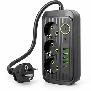 Сетевой фильтр-удлинитель PowerHub NEO-2500, 2 м, 2500 Вт, 3 розетки, 4 USB и Type-C, чёрный, Черный