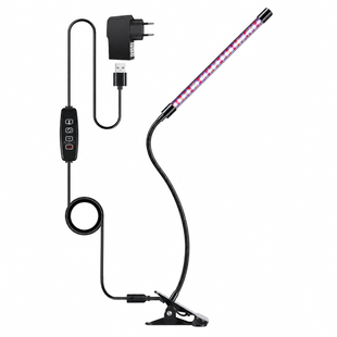 Фитолампа / фитосветильник GrowLight Flex 26 см для растений и рассады, 21 LED, таймер 3/9/12 ч, USB, на клипсе, Черный