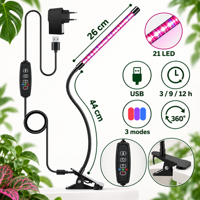 Фитолампа / фитосветильник GrowLight Flex 26 см для растений и рассады, 21 LED, таймер 3/9/12 ч, USB, на клипсе, Черный