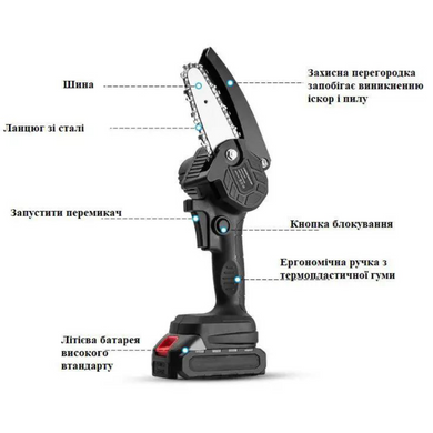Аккумуляторная цепная мини-пила сучкорез для обрезки деревьев Mini Electric Chainsaw Black 8" 2 АКБ