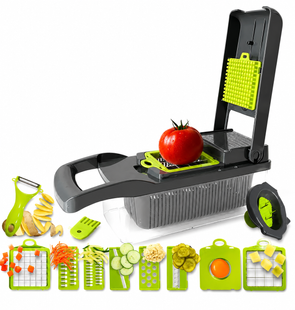 Овощерезка SlicePro 16 в 1 круглая с контейнером 1000 мл 8 насадок нержавеющая сталь зелёная