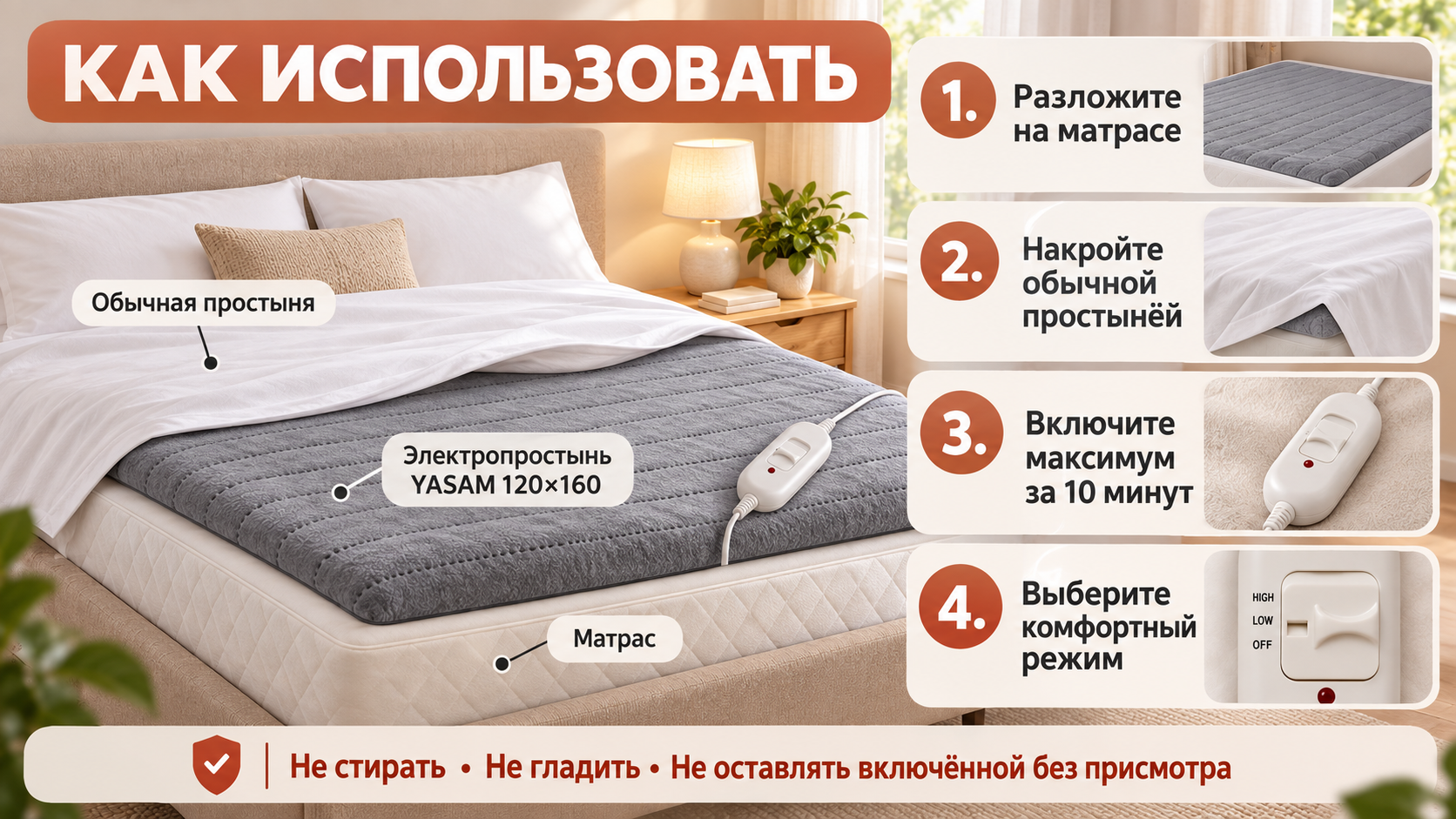 Как использовать электропростынь YASAM 120×160 см