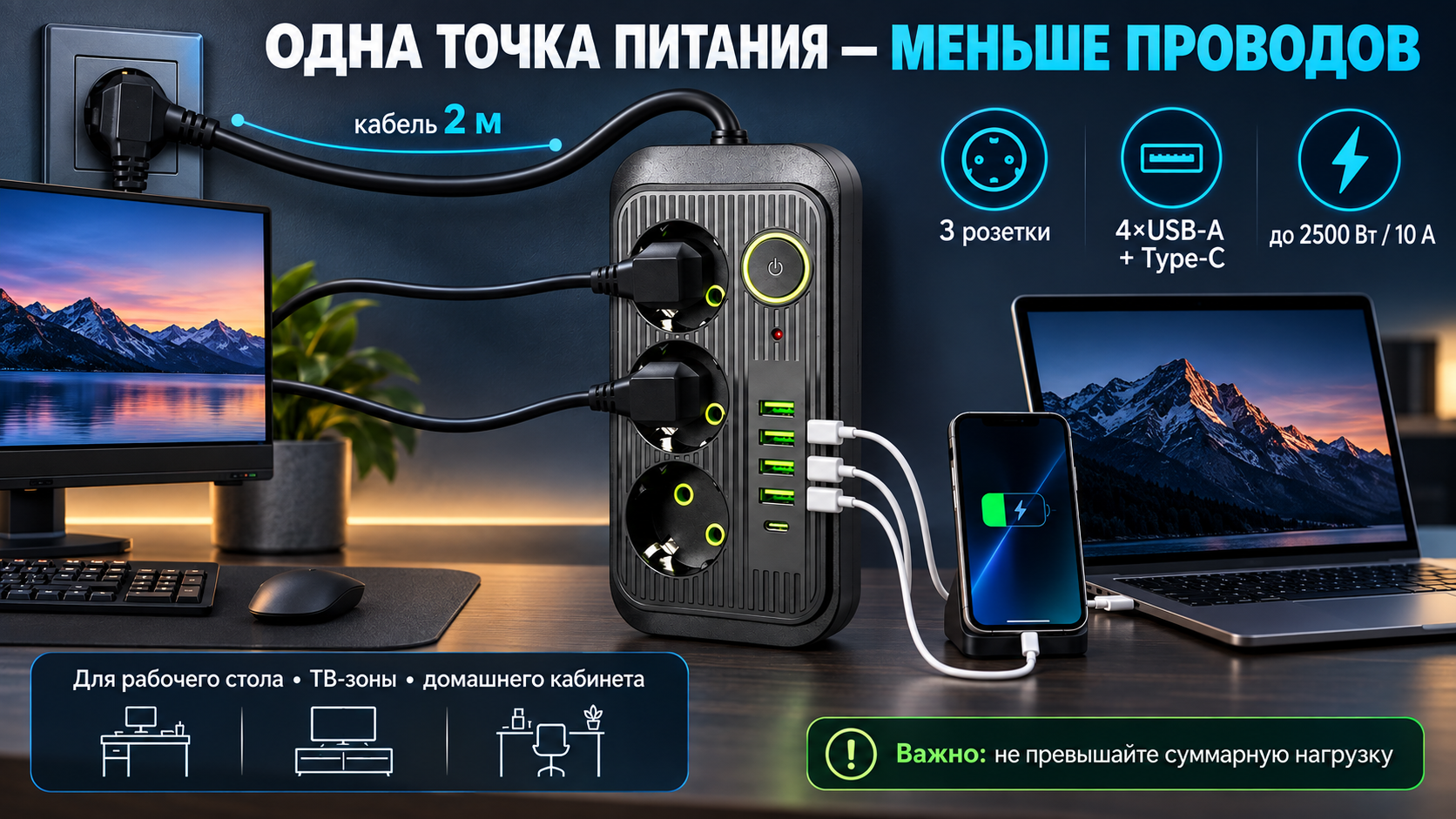 Сетевой фильтр PowerHub NEO-2500 2 м 2500 Вт в использовании