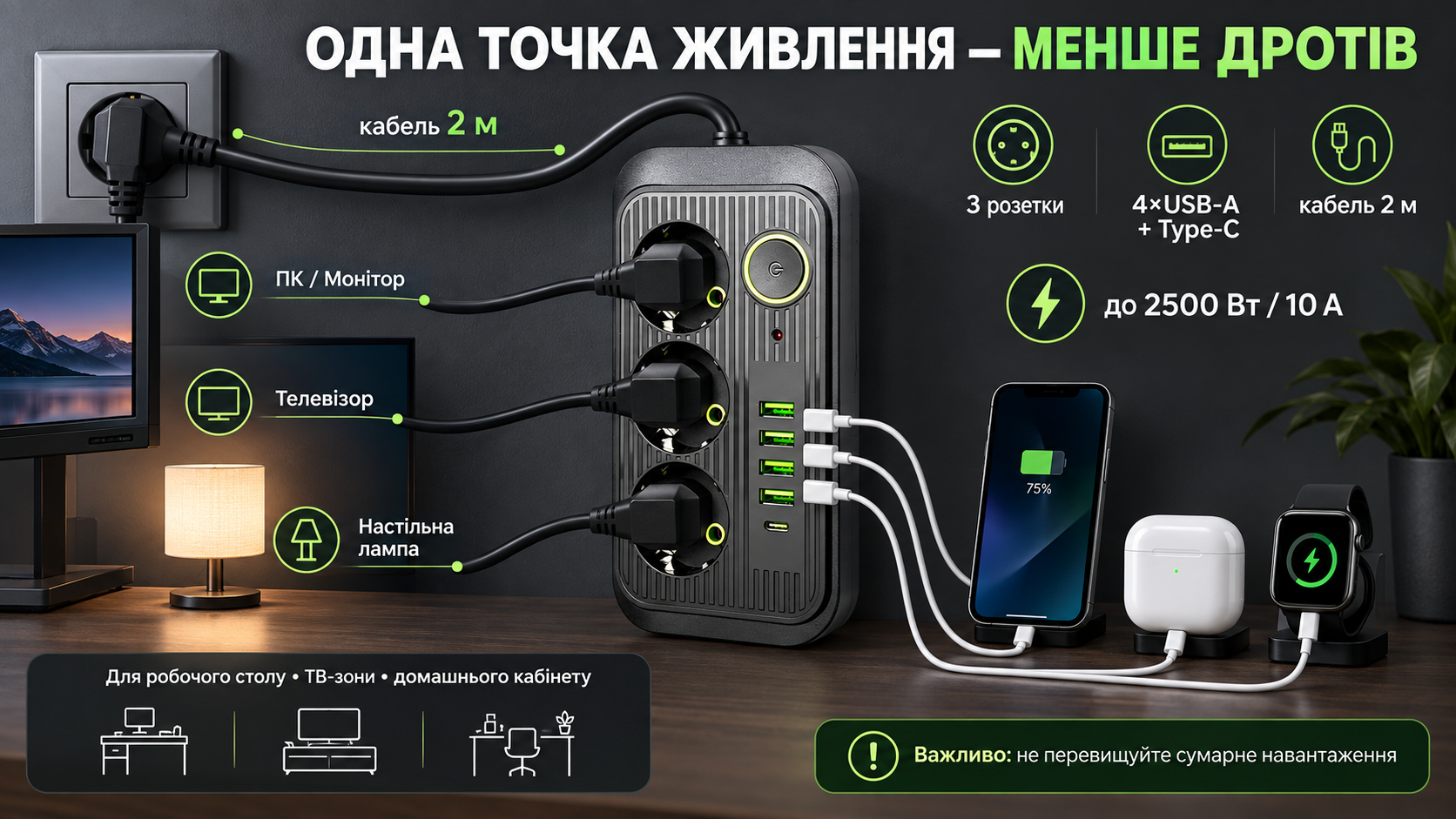 Мережевий фільтр PowerHub NEO-2500 2 м 2500 Вт у використанні