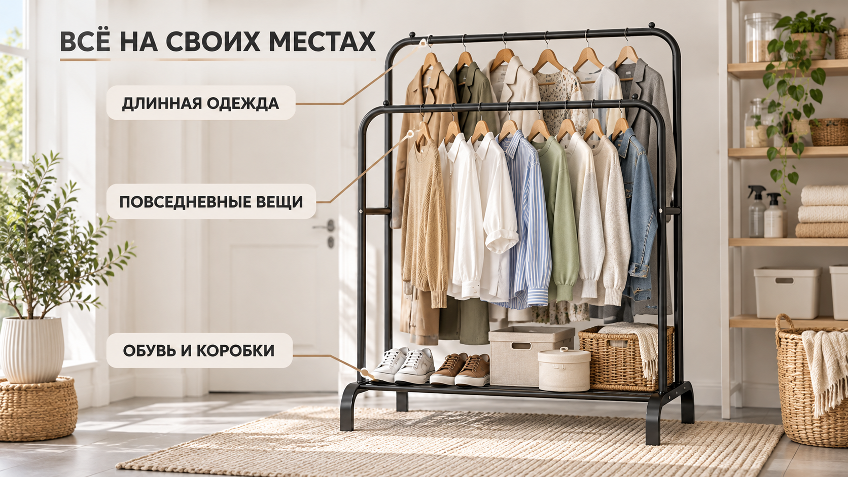 Зоны хранения двойной стойки-вешалки